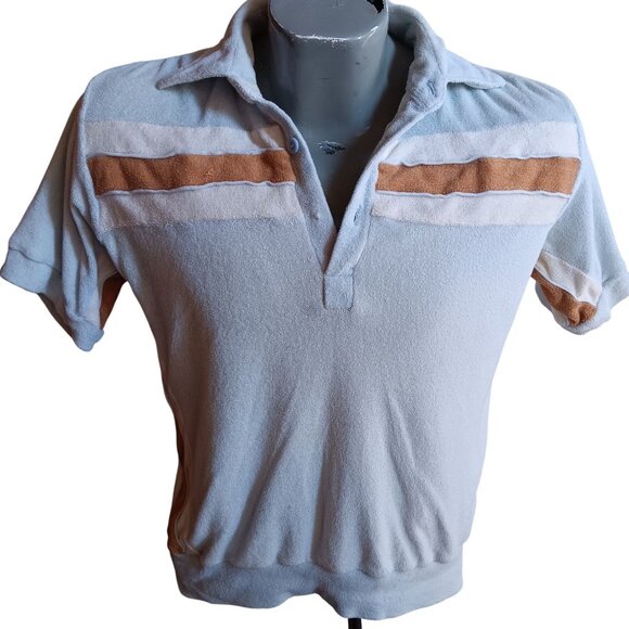 Vintage Men's Medium POlo Shirt 1970's Terrycloth Striped Tennis Pro Hippy Relic - Picture 2 of 7